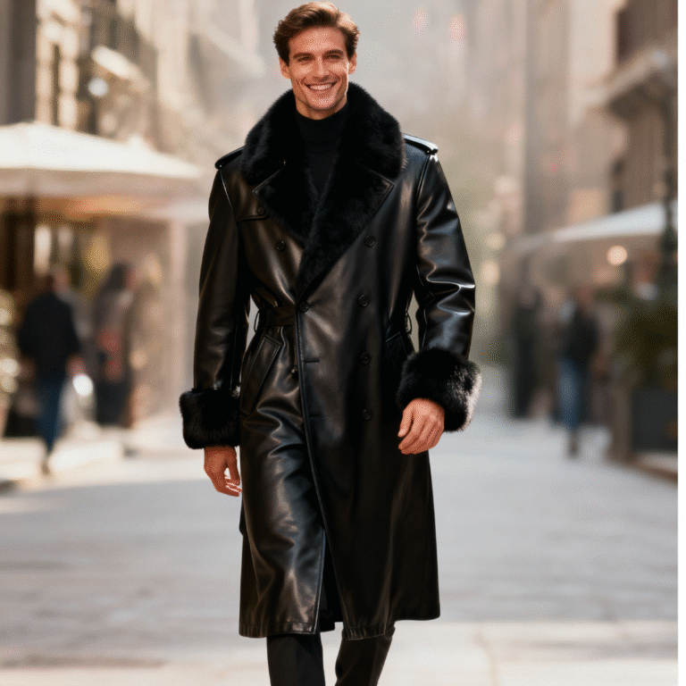 Mens Black Leather Trench Coat,