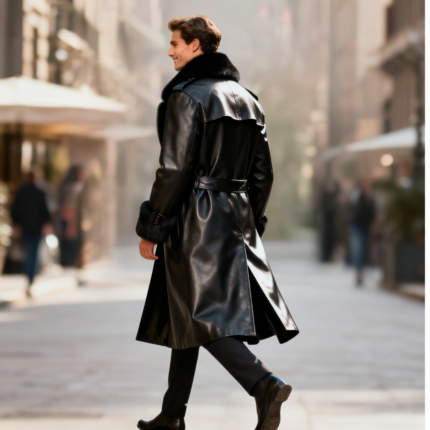 Mens Black Leather Trench Coat,