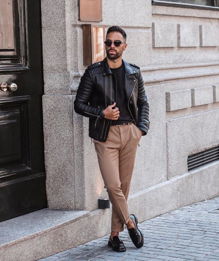 “Linen pants and real leather bomber jacket summer outfit idea”