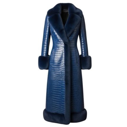 Luxury Blue Croc-Embossed Shearling Coat