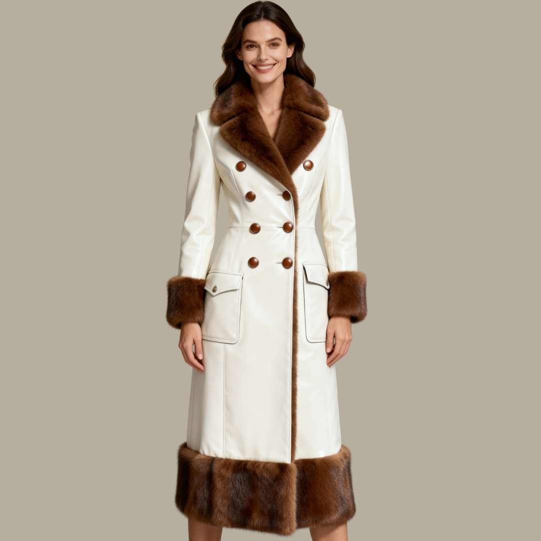 Womens White Leather Coat with Full Brown Mink Fur