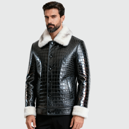 Crocodile Embossed Leather Jacket for Men