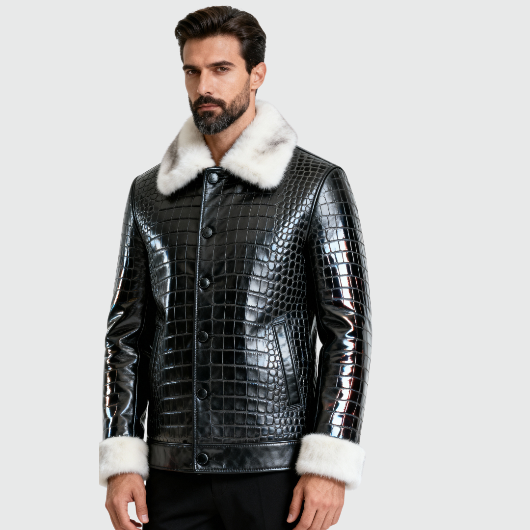 blackcroc Crocodile Embossed Leather Jacket for Men