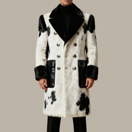 black and white cowhide leather coat
