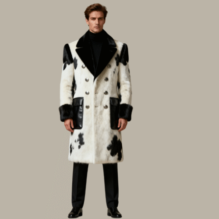 black and white cowhide leather coat