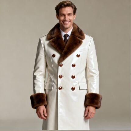 Mens White Leather Coat with Full Brown Mink Fur