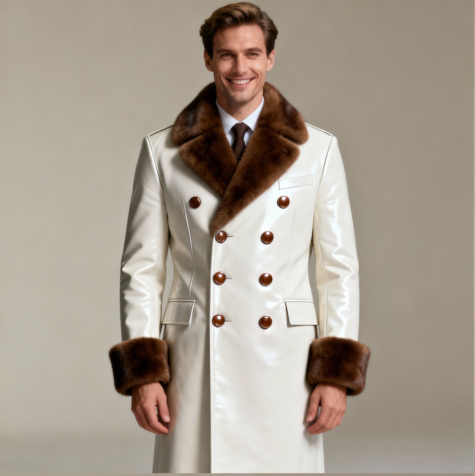 Mens White Leather Coat with Full Brown Mink Fur