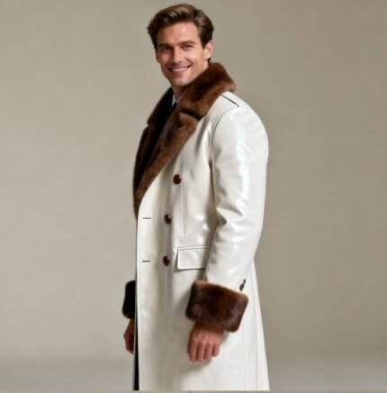 Mens White Leather Coat with Full Brown Mink Fur