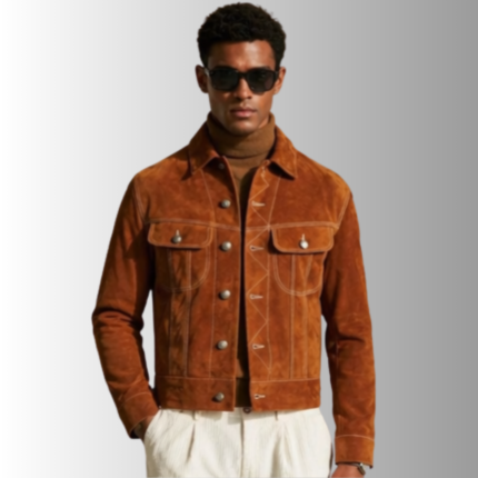 Cognac Suede Trucker Jacket for Men